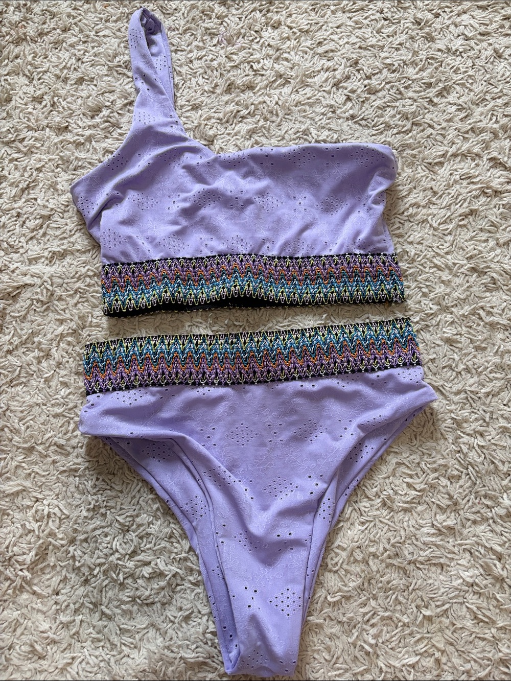Lavender One-Shoulder Eyelet One-Piece Swimsuit with Multicolor Waistband